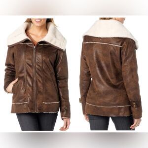 Prana Tricia Brown Sherpa Lined Jacket Shearling Eco Faux Suede Coat M